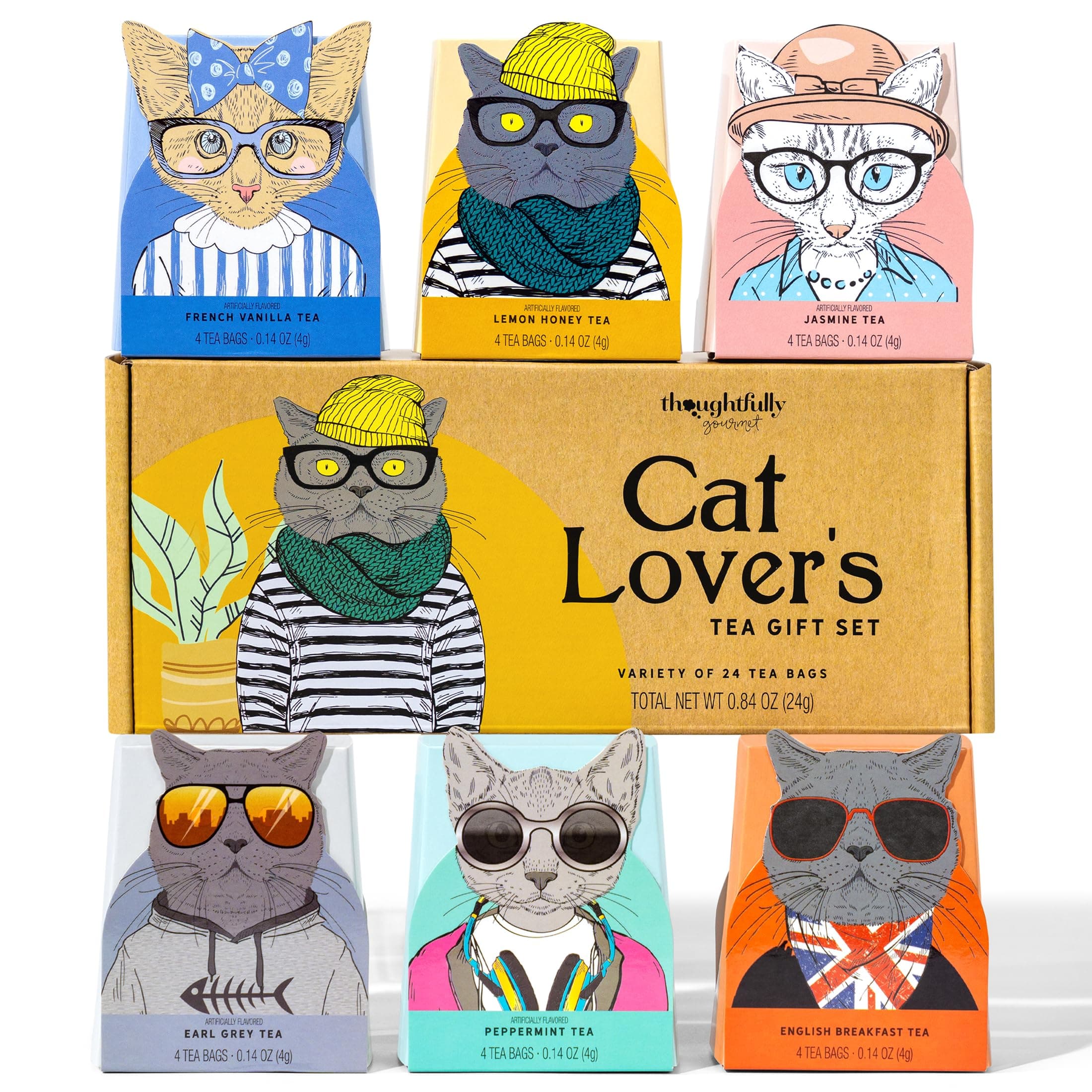 Thoughtfully Gourmet Cat Lover’s Tea Gift Set, Includes 24 Teas in 6 Flavors with Stylish Cat Art and Fun Quotes, Set of 24