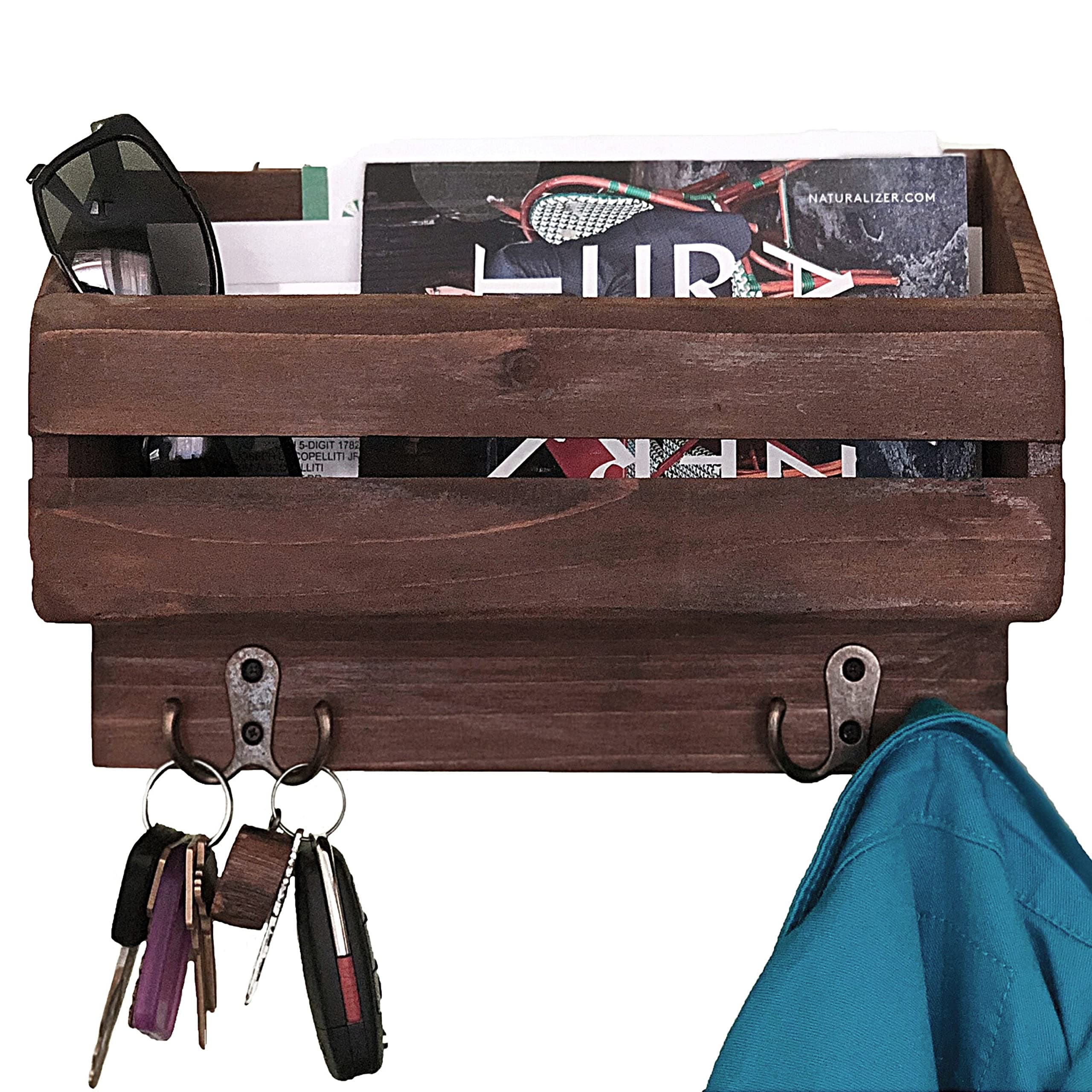 Rustic Brown Wood Key Holder for Wall - Decorative Mail Holder for Wall with 4 Key Hooks - Key Rack and Wall Organizer with Mail Shelf | Adds Country Charm and Organization to Your Entry