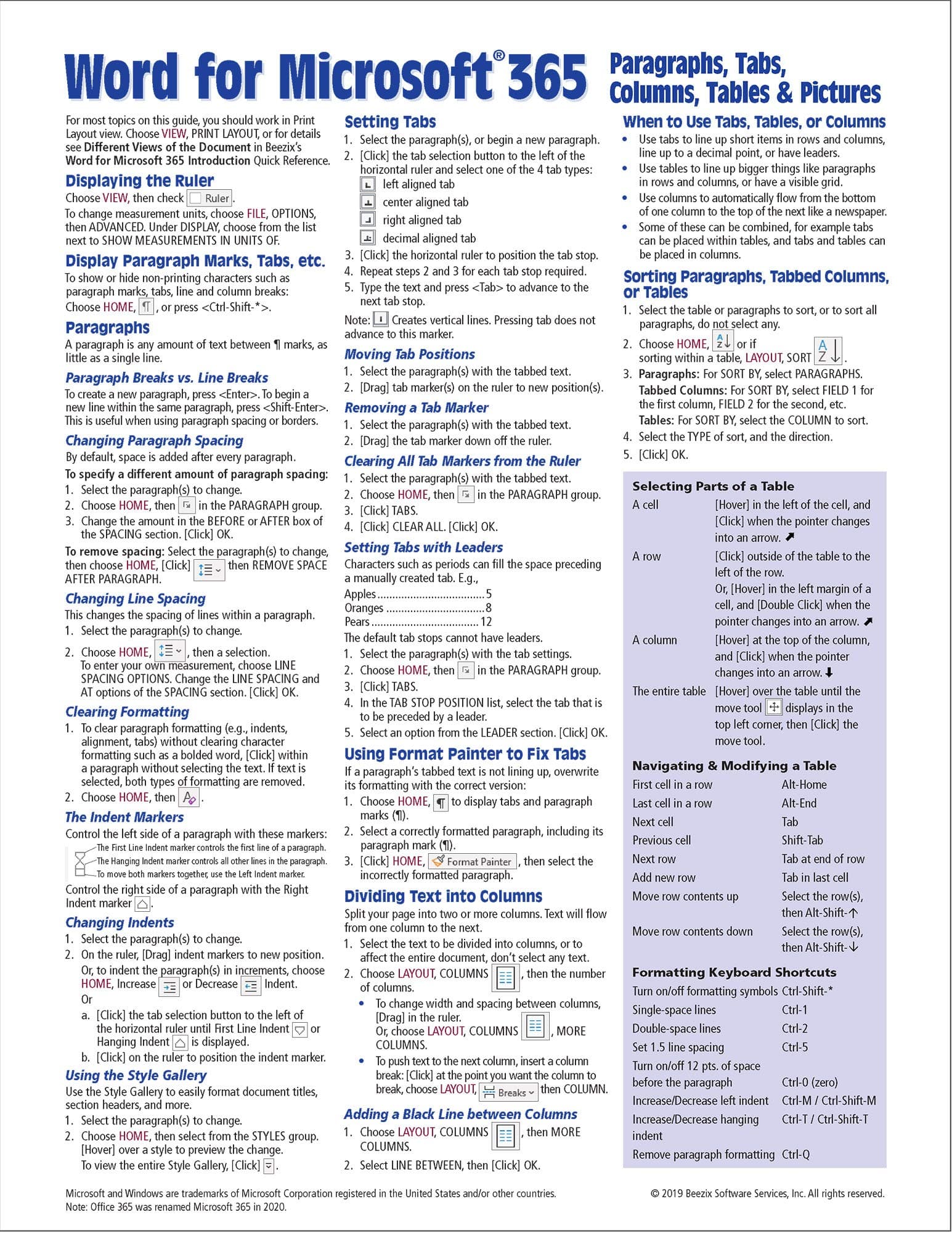 Word for Microsoft 365 (Office 365) Intermediate Quick Reference Guide - Paragraphs, Tabs, Columns, Tables & Pictures - Windows Version (Cheat Sheet of Instructions, Tips & Shortcuts - Laminated Card)