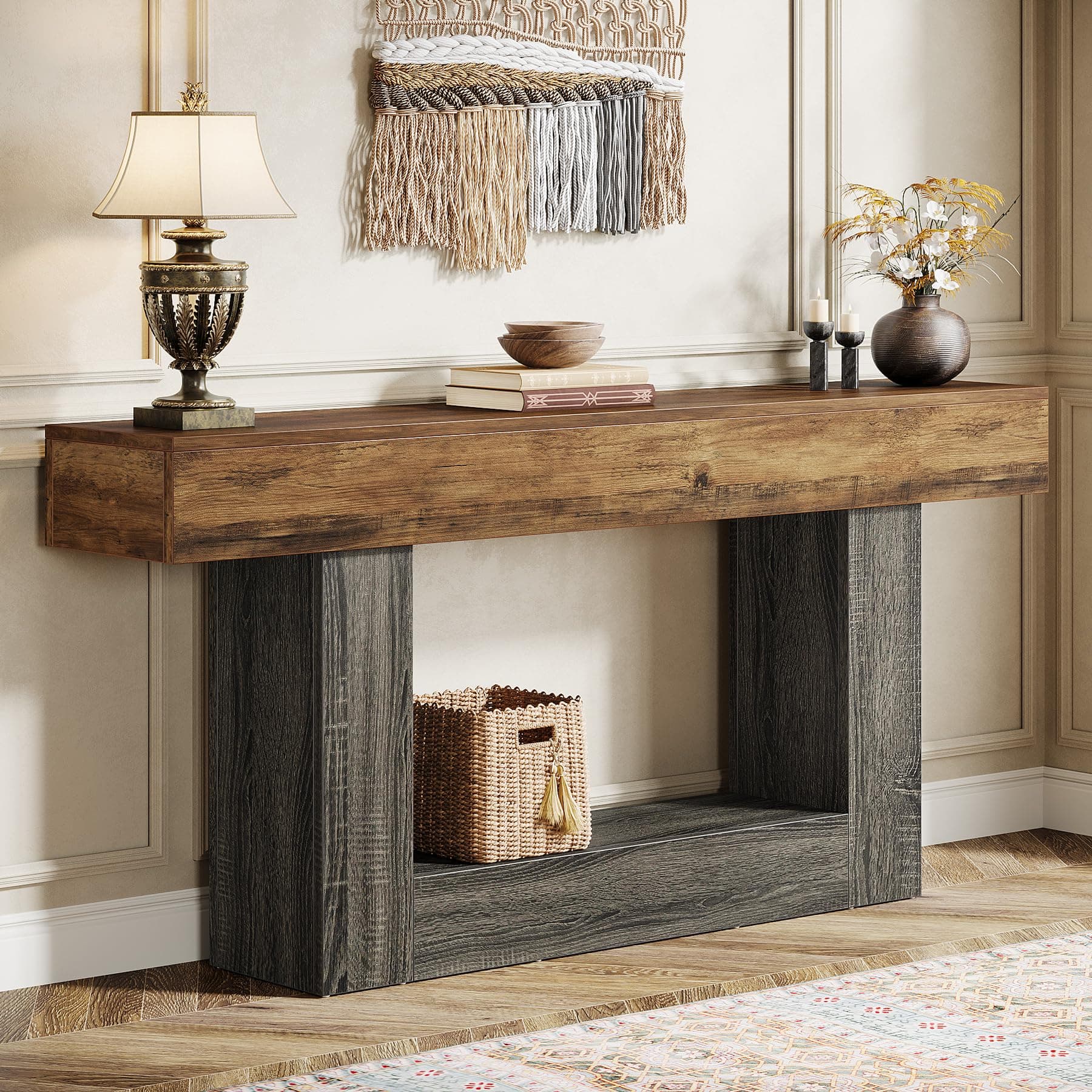 Tribesigns 63" Console Table, Farmhouse 2-Tier Entryway Table with U-Shaped Base, Narrow Long Wood Sofa Table Behind Couch Table for Living Room, Hallway, Foyer, Vintage Brown & Gray | Farmhouse, Entryway Table, Narrow, Long, Sofa Table, Behind Couch Table