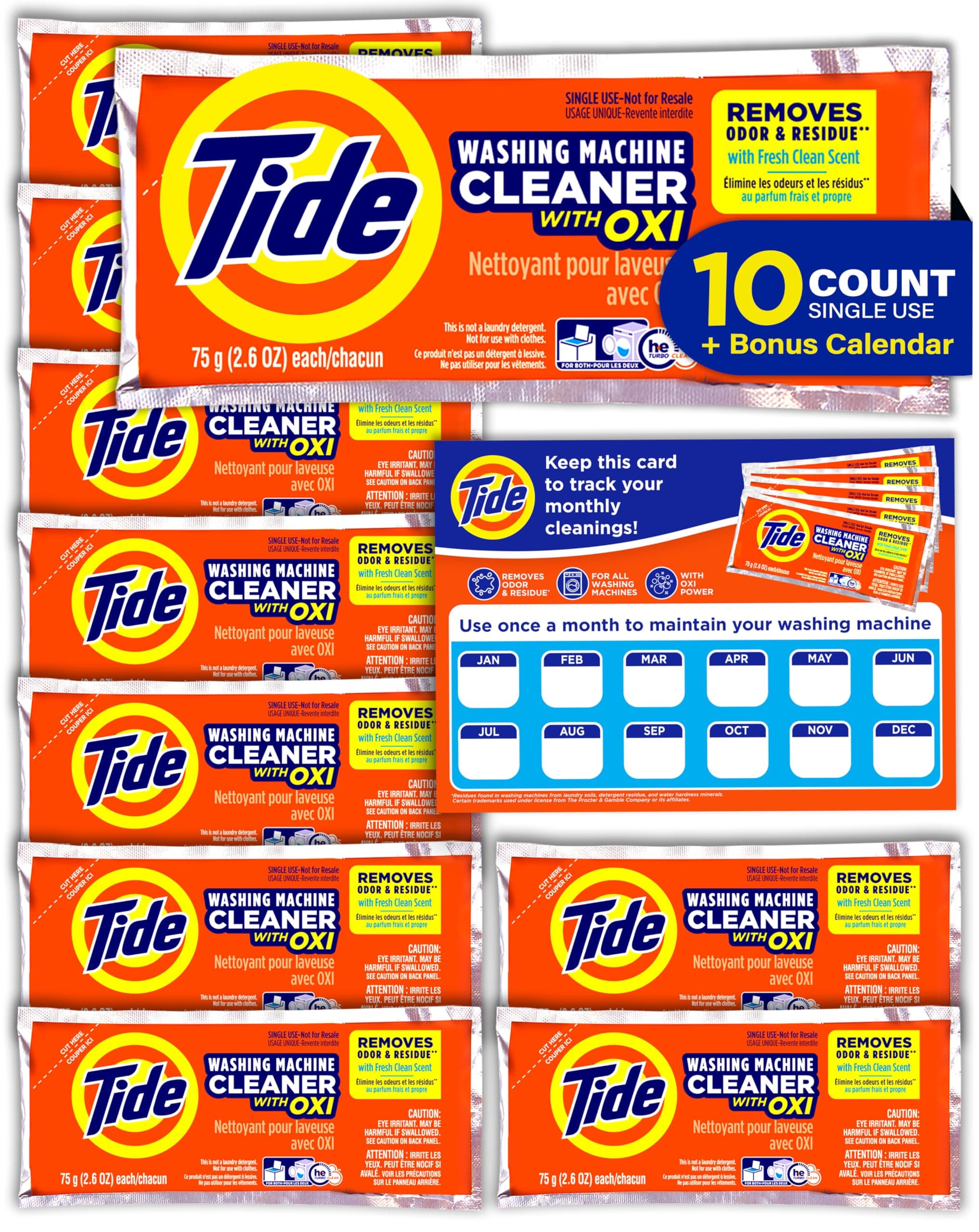 Tide Washing Machine Cleaner for Front and Top Loader Washer Machines, 10ct Box + Monthly Calendar (Packaging May Vary)