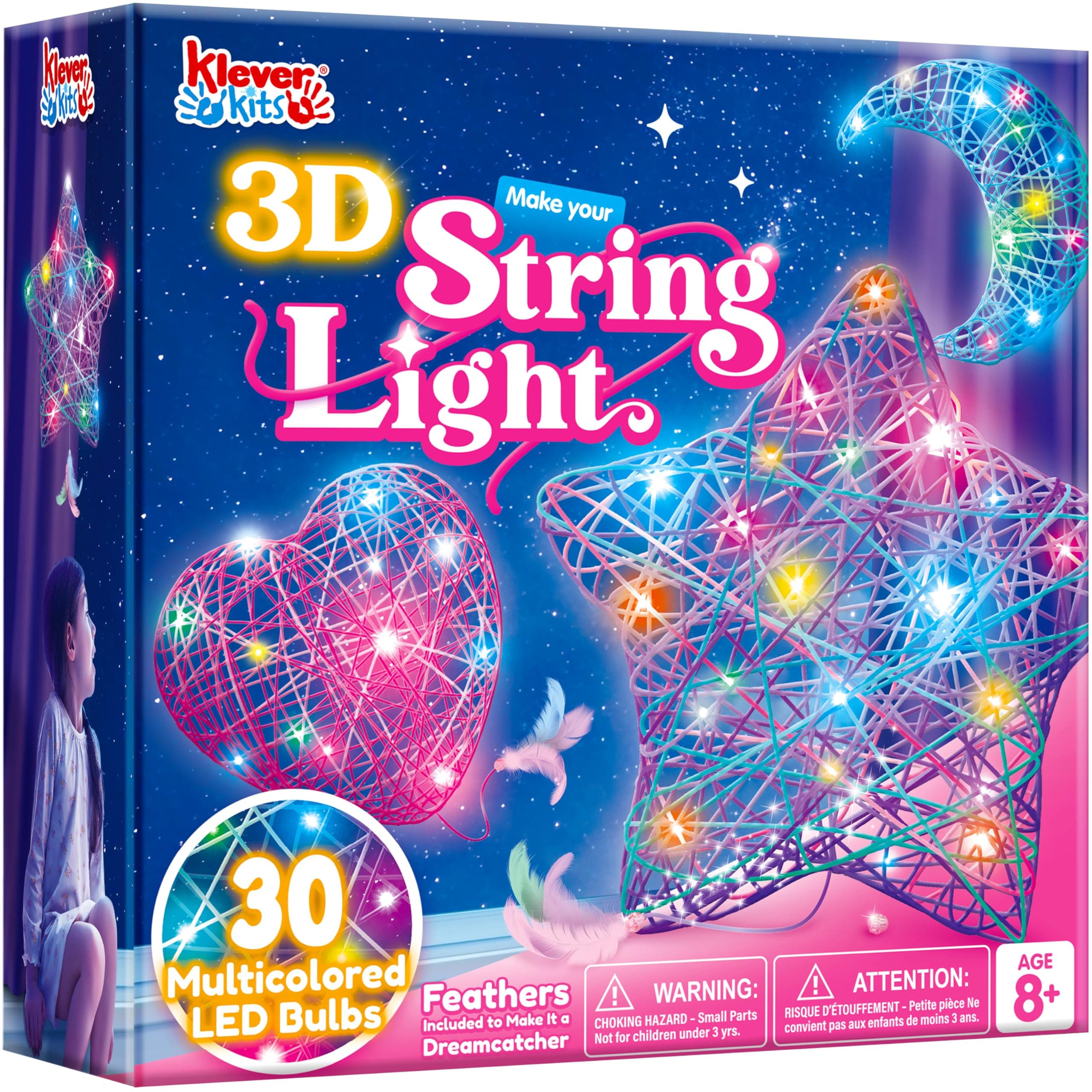 Klever Kits 3D String Art Kit for Kids, Light Up String Light Toy with 30 Multi-Colored LED Bulbs, Arts and Crafts Set, Birthday Gifts for Girls and Boys Ages 8+