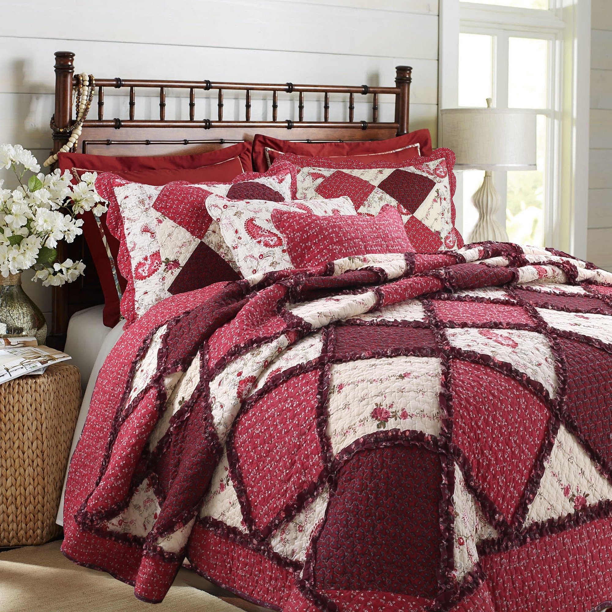 100% Cotton True Patchwork Reversible Red Floral Paisley Rag Ruffle Farmhouse Quilt Bedding Set, Coverlet Bedspread (Rose Vintage, Queen - 3 Piece)
