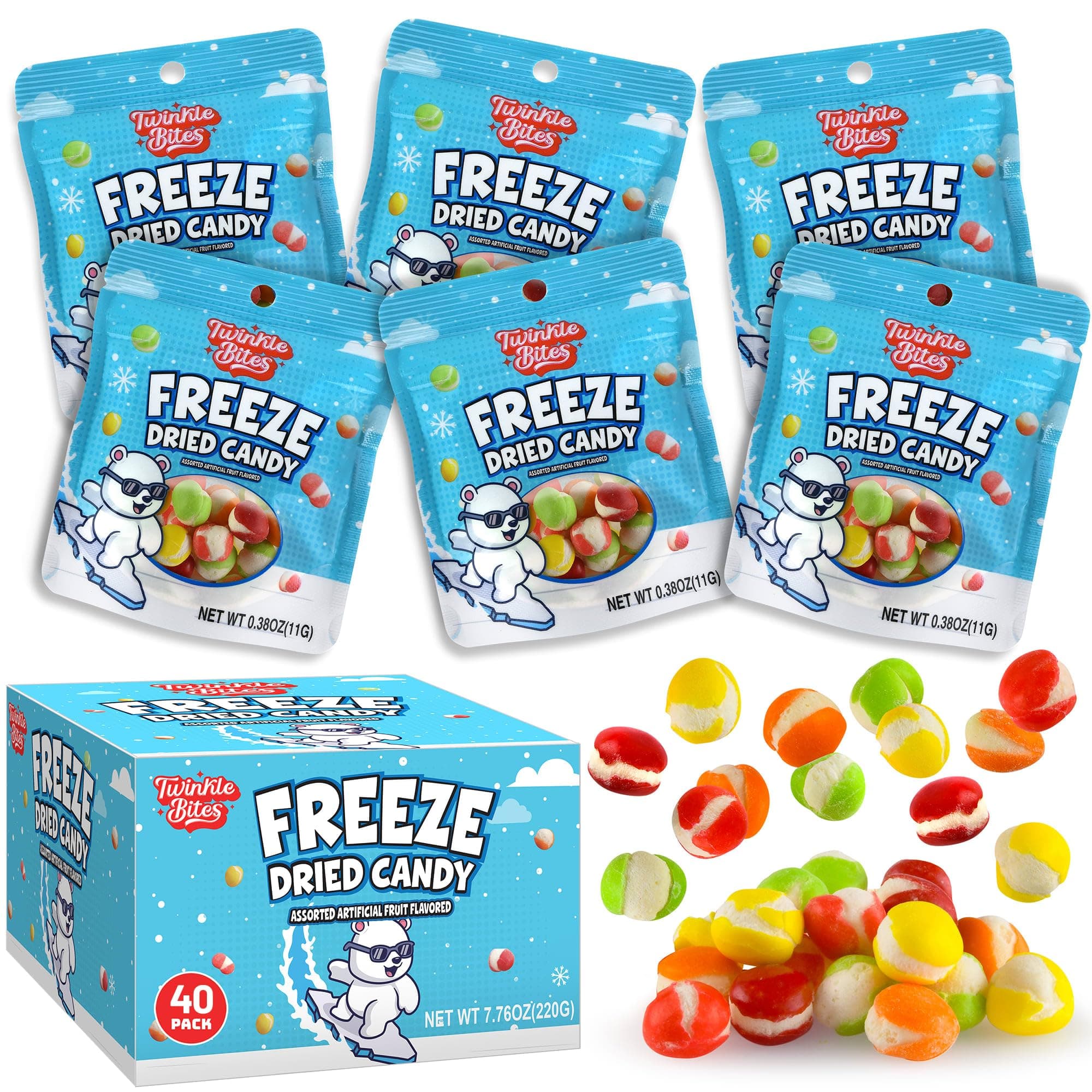40 Pack Freeze Dried Candy- 10 Pcs Per Bag - Bulk Candy - Resealable Bag For, Kids, Adults, School, Party, Birthday, 3 Delicious Flavors