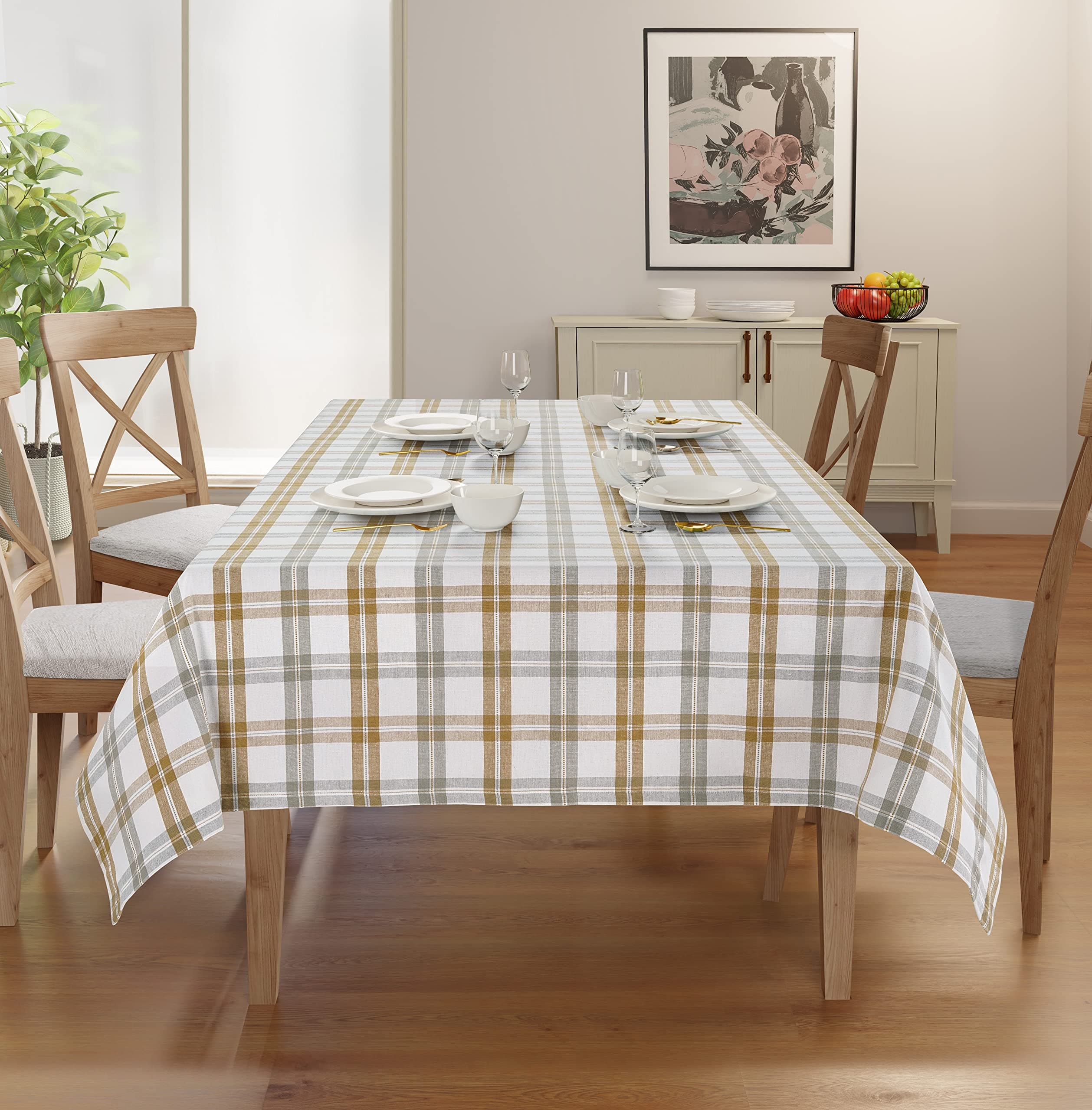 Rectangle Table Cloth - Table Cover - Cotton Mitered Stitched - Checks Table Covers for Kitchen Dining, Wedding, Decorations, & Parties - 60x104 in - Khaki Window