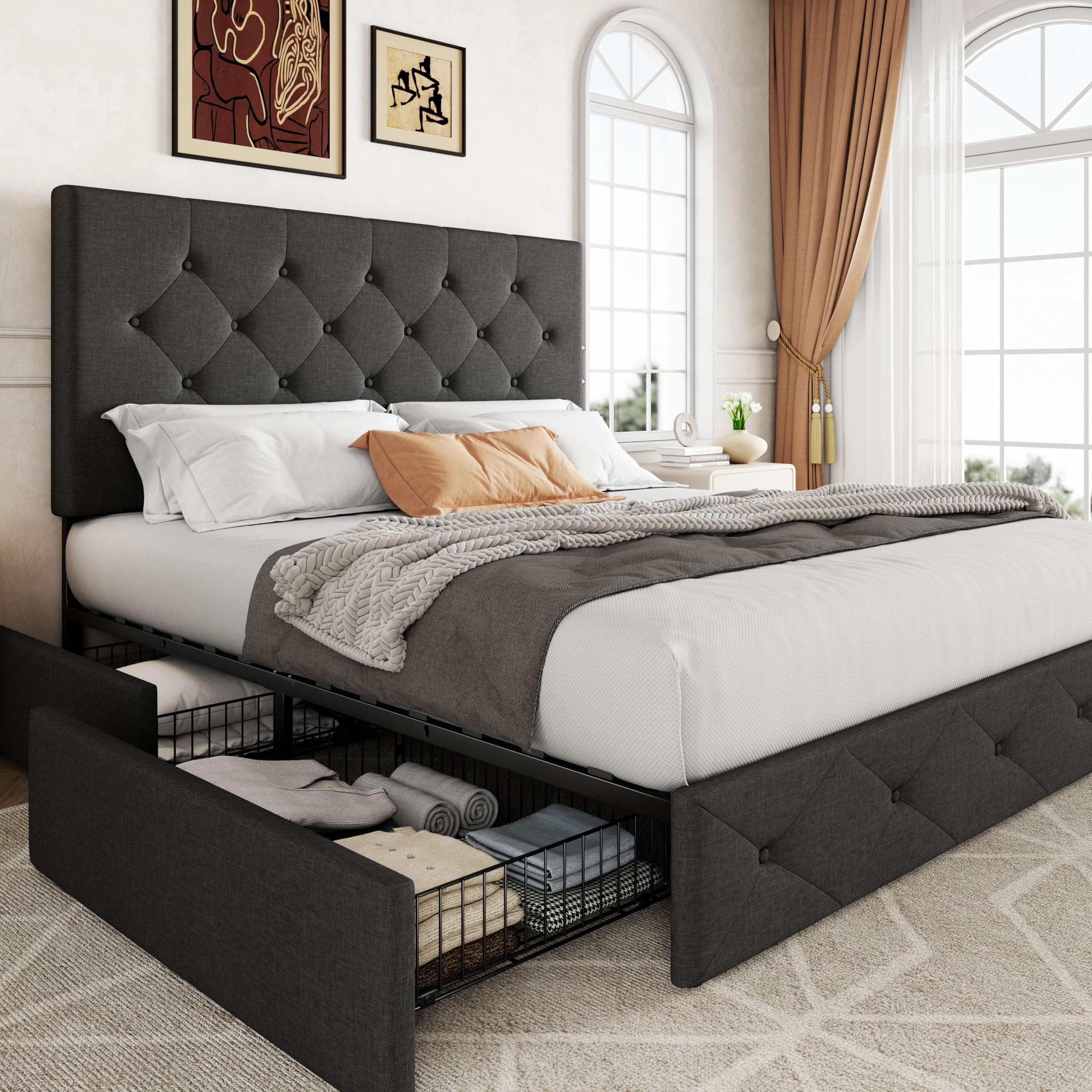 Allewie Upholstered Full Size Platform Bed Frame with 4 Storage Drawers and Headboard, Diamond Stitched Button Tufted, Mattress Foundation with Wooden Slats Support, No Box Spring Needed, Dark Grey