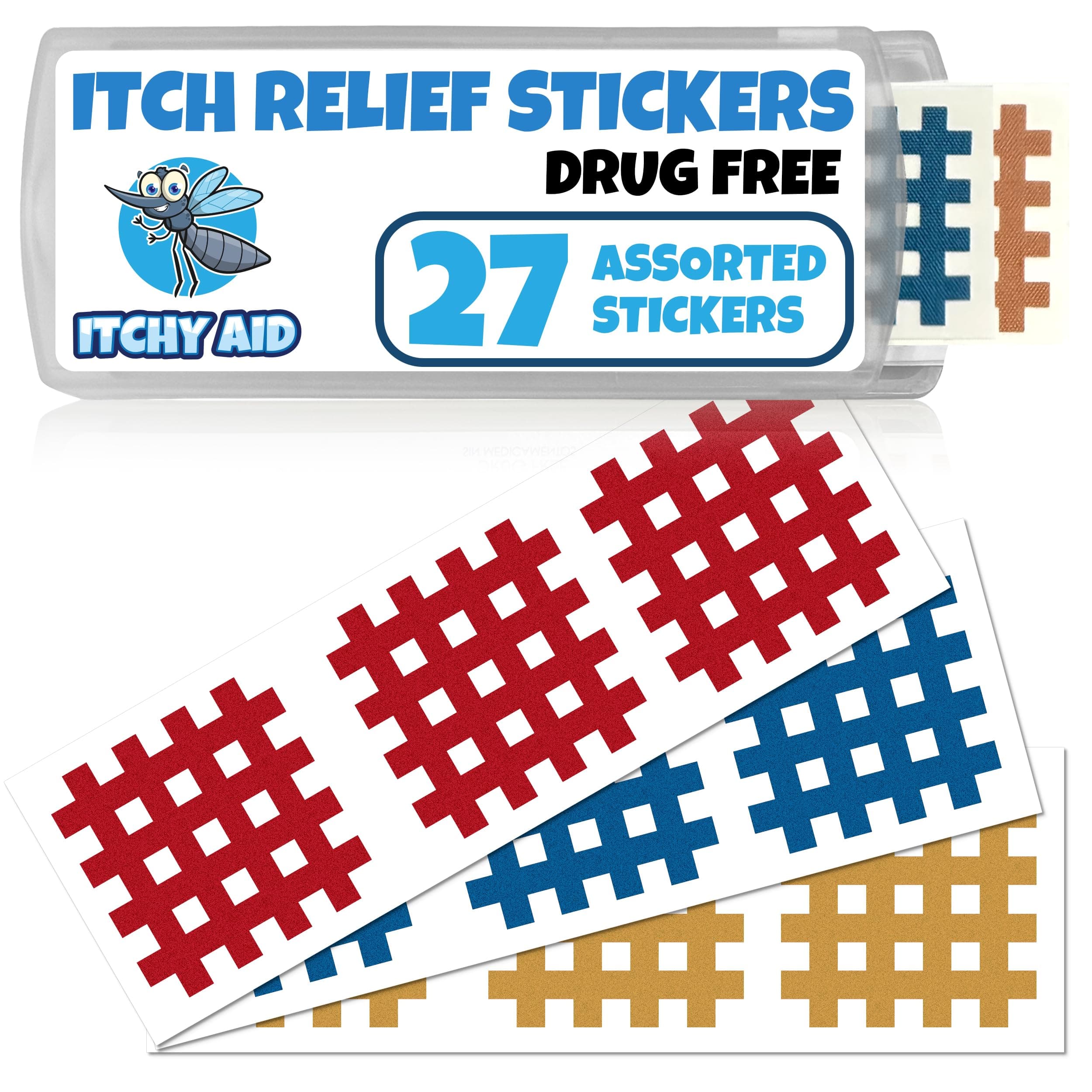 Bug Bite Itch Relief Patches. 27 Stickers for Instant Reducing Itch and Swelling from Mosquitos, Midges, and Sandflies. Kid Friendly Colorful After Bite Treatment.
