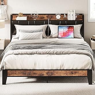 LIKIMIODouble Bed Frame, Storage Headboard with Charging Station, Solid and Stable, No Noise, No Net Needed, Easy Assembly (Classic and Black)