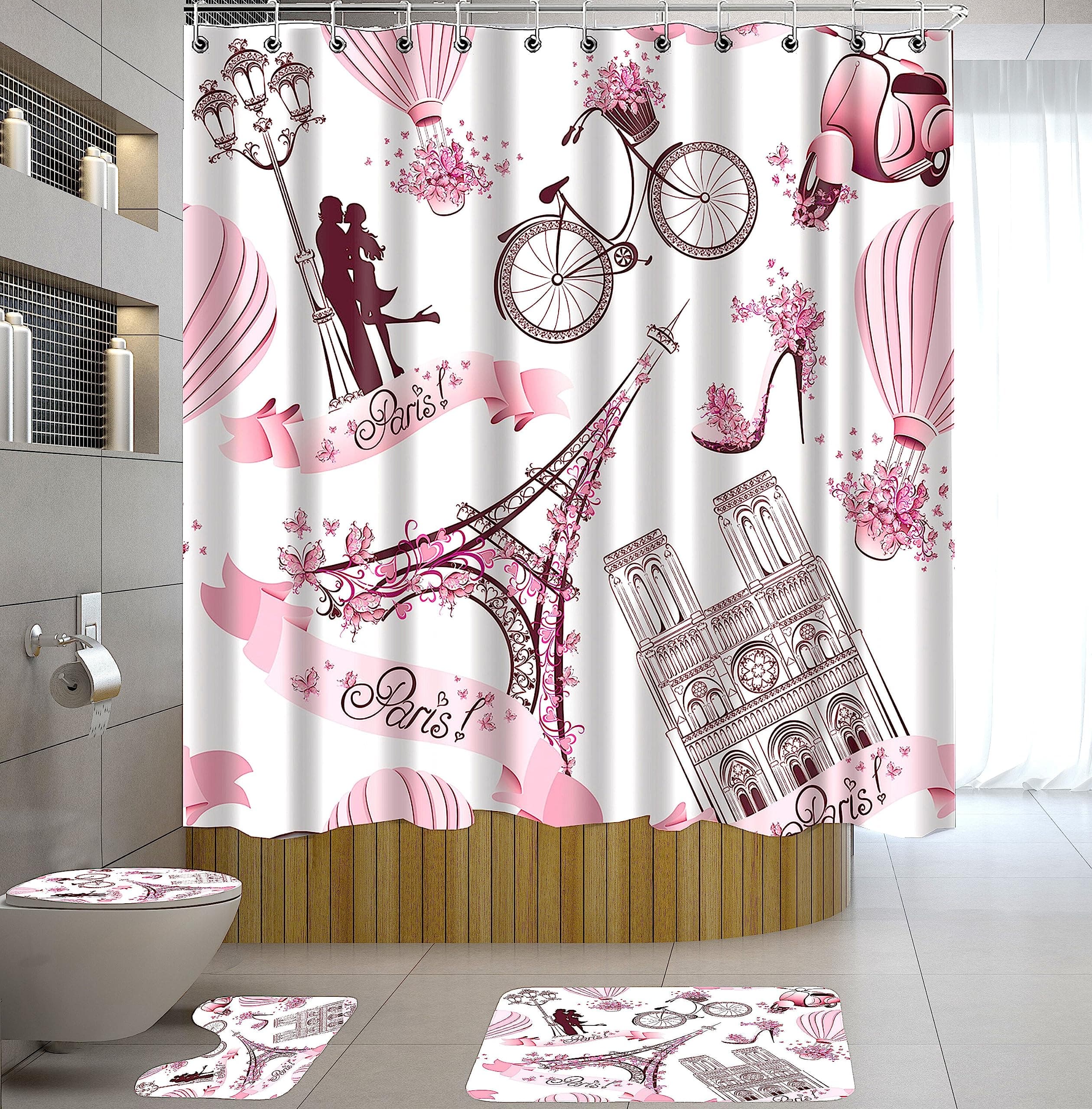 4PCS Pink Paris Eiffel Tower Decor Bathroom Mat Set Shower Curtain Set, Girl Woman Paris Tower with Flowers Romance Lover Hot Air Balloon Bike Bath Mat Contour Mat Toilet Cover