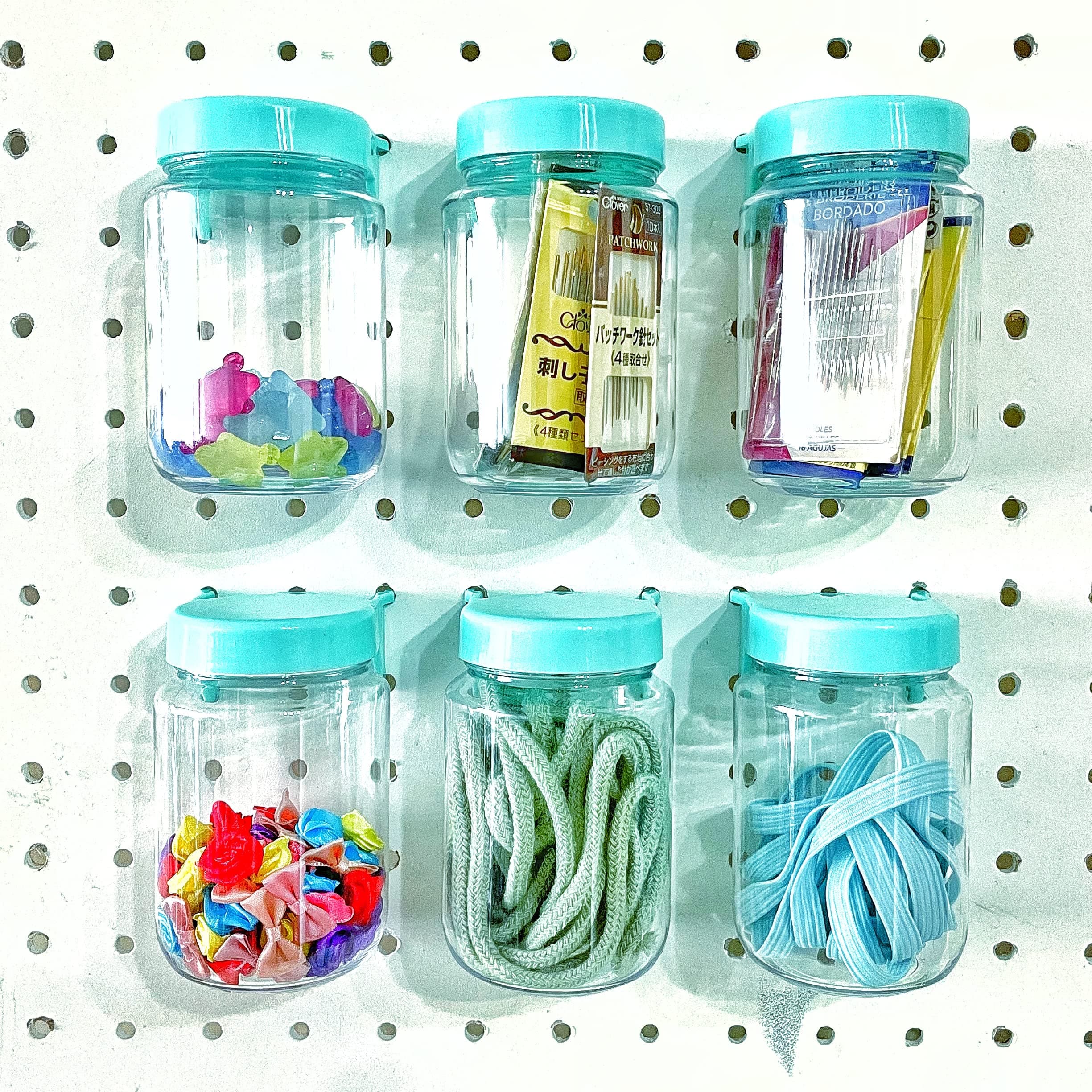 Tall Pegboard Accessories Organizer Storage Jars - Large Size 2" x 4" - Crush & Impact Resistant Plastic Pegboard Jars - Peg Board Attachments for Craft, Sewing & Garage Storage - Set of 6 (Blue)