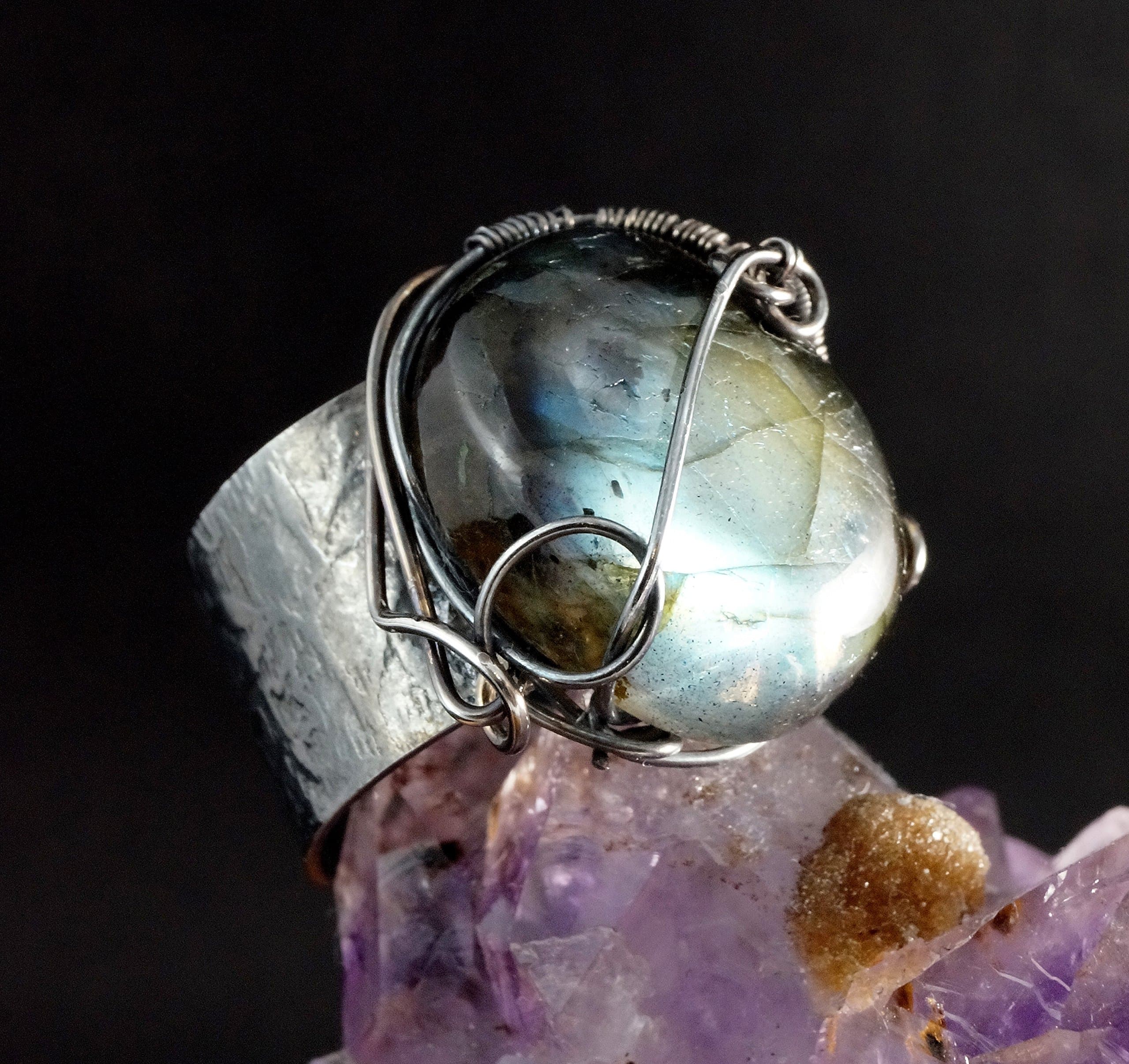 Sterling Silver ring with Labradorite/wire wrapped/Oxidized Silver/handmade