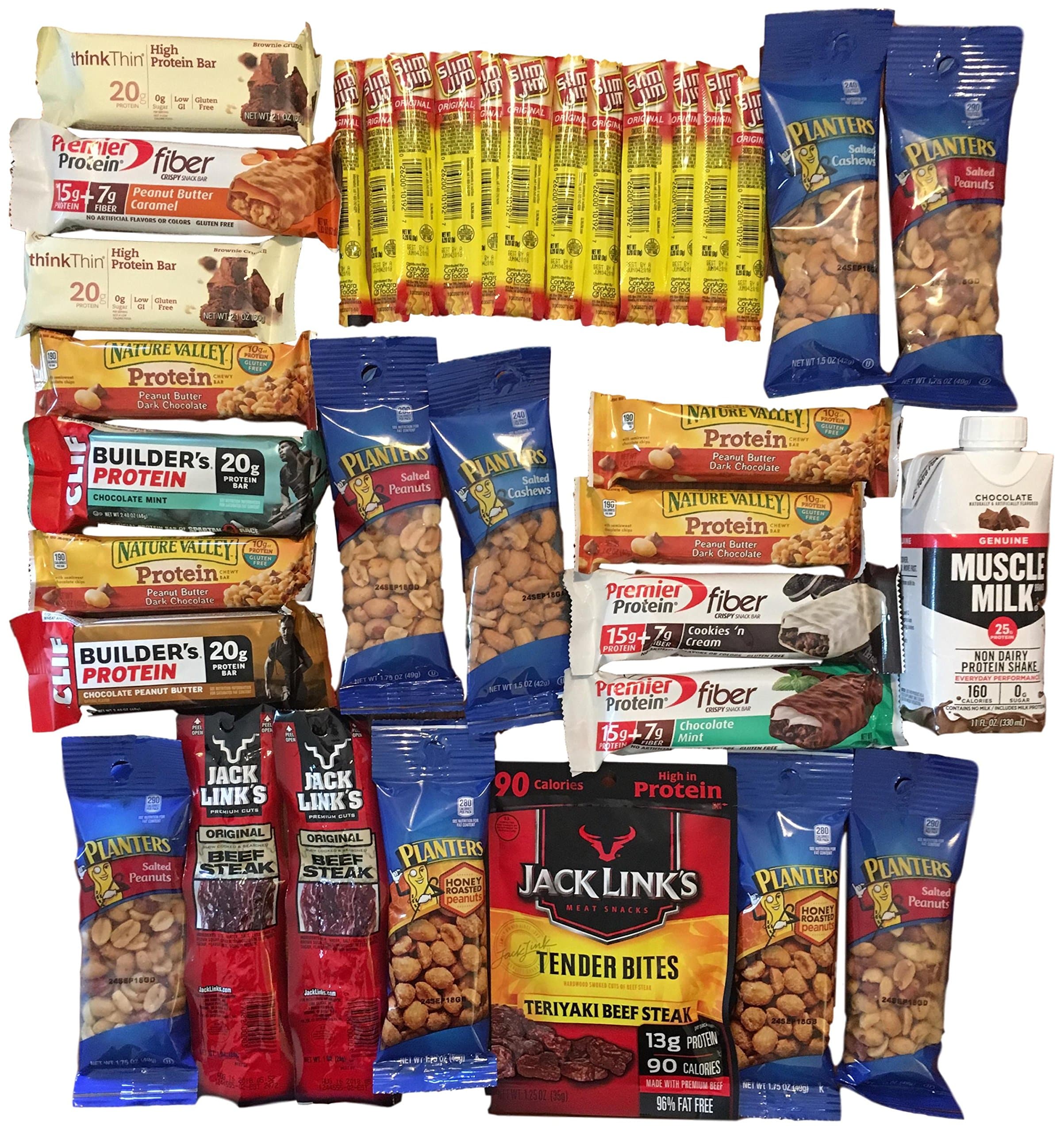 The Extreme Protein Power Pack-High Protein Snack Variety Bundle: 35 Items Jack Link's, Slim Jim, Planter's Peanuts, Clif Builders, Muscle Milk, Premier Protein, and more
