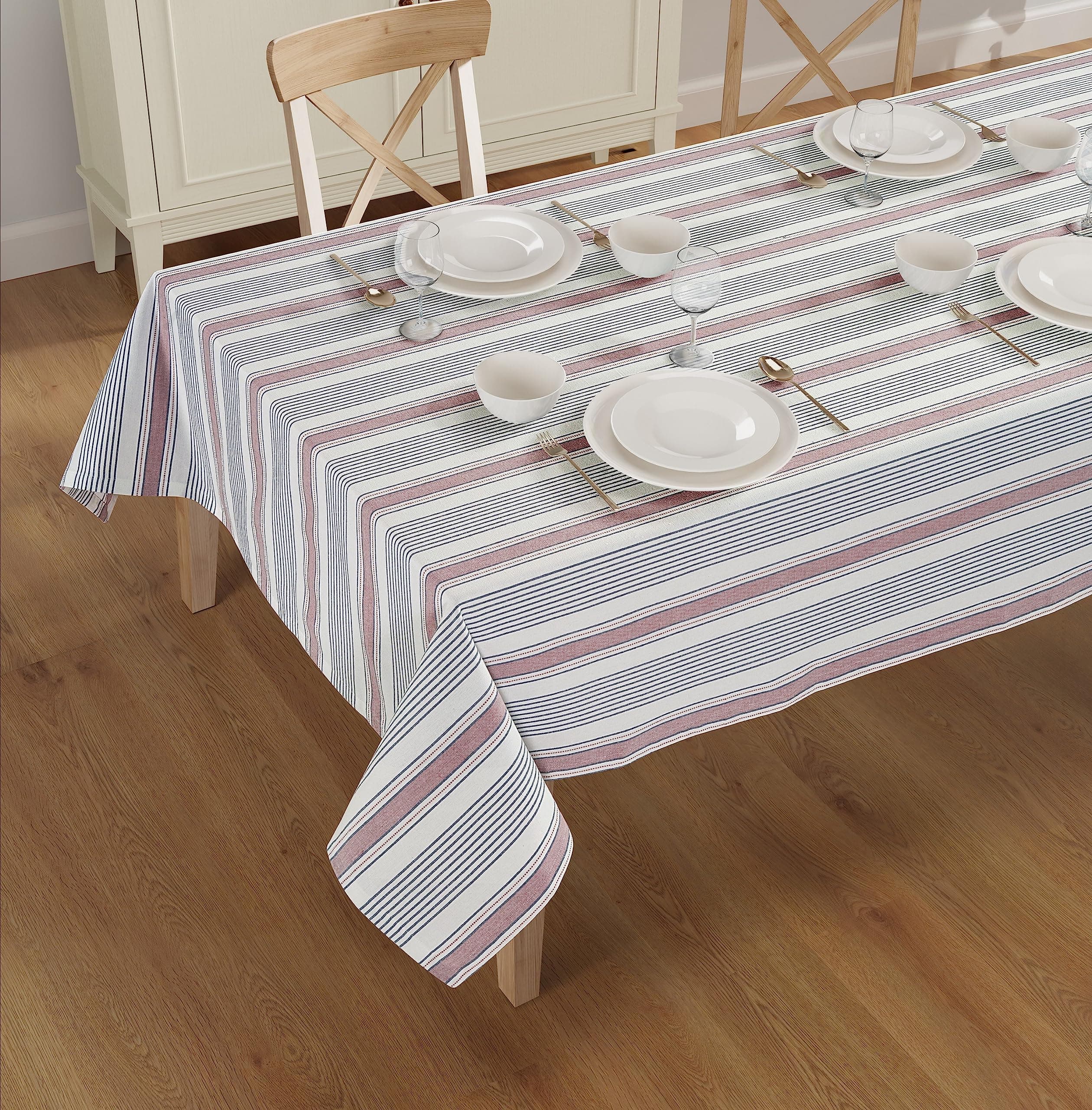 Casa De Lan Dobby Stripe Tablecloth. 100% Cotton Ring Spun Mitered Stitched Cotton Tablecloth in Size (60x120 inches). Rectangle/Oblong. Color : Navy- Dark Pink