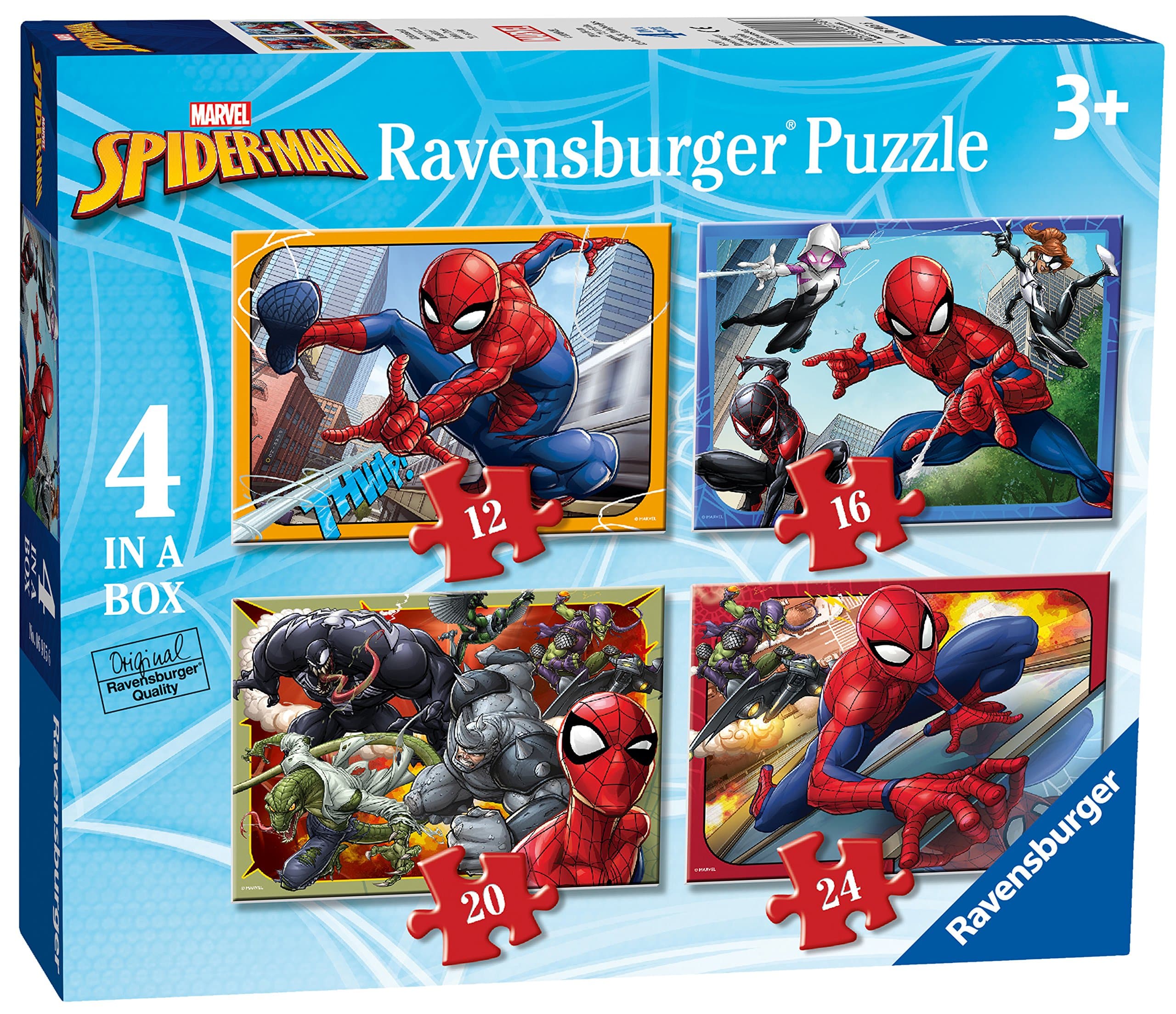 Ravensburger Marvel Spider-Man 4-in-a-Box Jigsaw Puzzles for Kids Age 3+ – 12/16/20/24 Piece Puzzle Set, Preschool Activity Toy, Birthday Gift for Boys & Girls