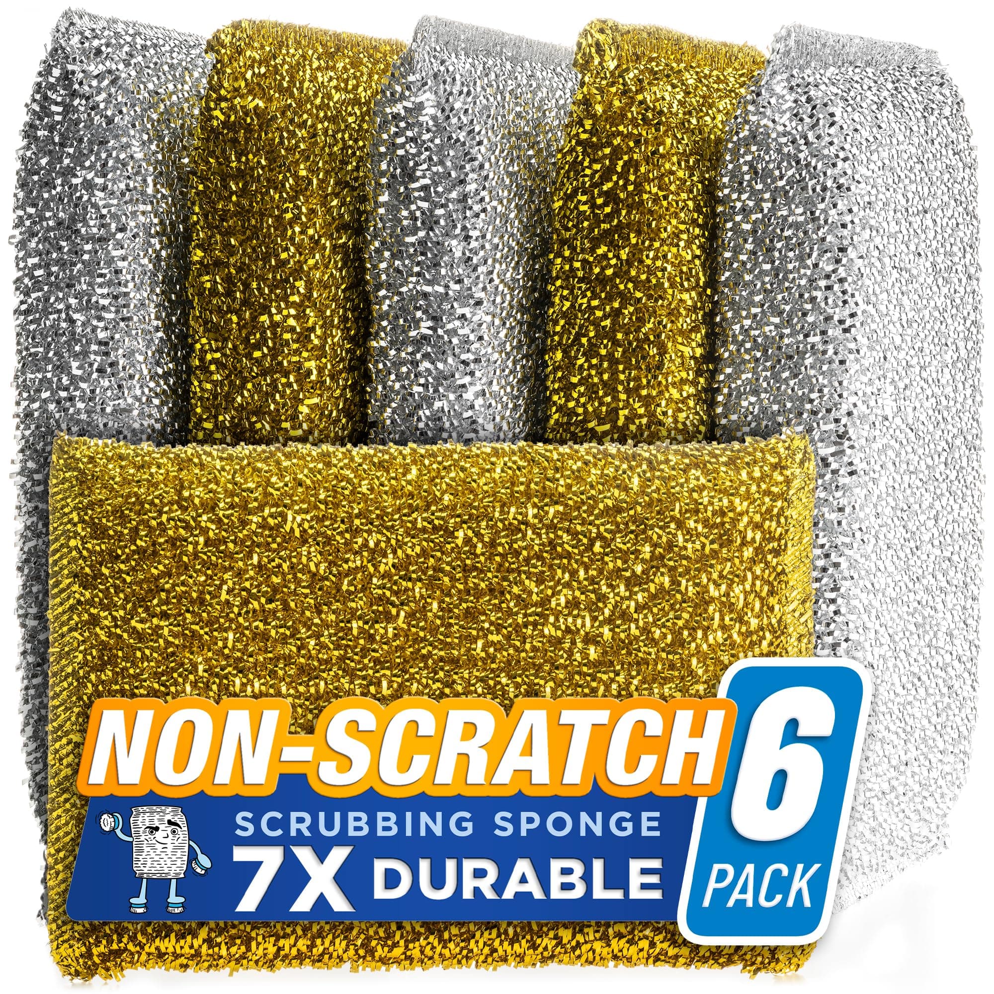 SPONGENATOR Kitchen Scrubbing Sponges - Heavy Duty Non Scratch Scrubbing Cleaner Sponges in 2 Colors - Multi Surface Non Metal Dish Scouring Scrubbers for Fast Cleaning (Gold & Silver, 6)