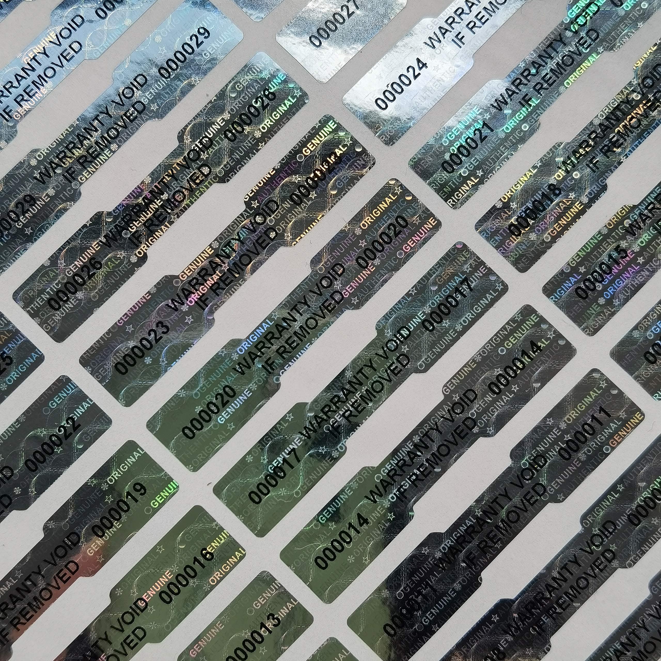 High Security Tamper Evident Warranty Void Dogbone Original Genuine Authentic Hologram Labels/Stickers w/Unique Sequential Serial Numbering 500 Pcs 1.968x0.39 inch Silver