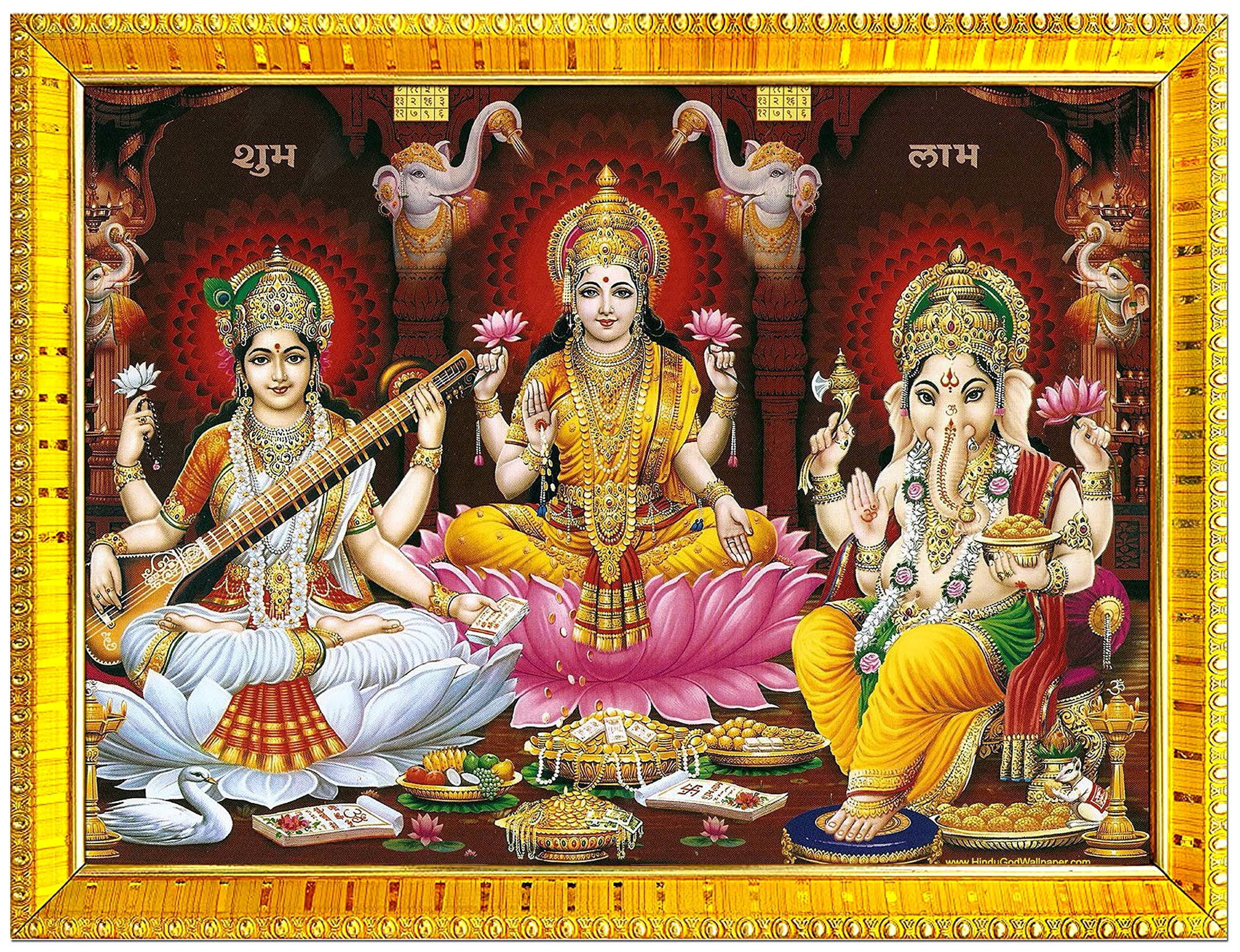 zig zag Rectangular Lakshmi Saraswati Ganesha Ji Photo Frame For Wall / Table / Pooja Room ( 7x9 inches, Acrylic Glass) Golden