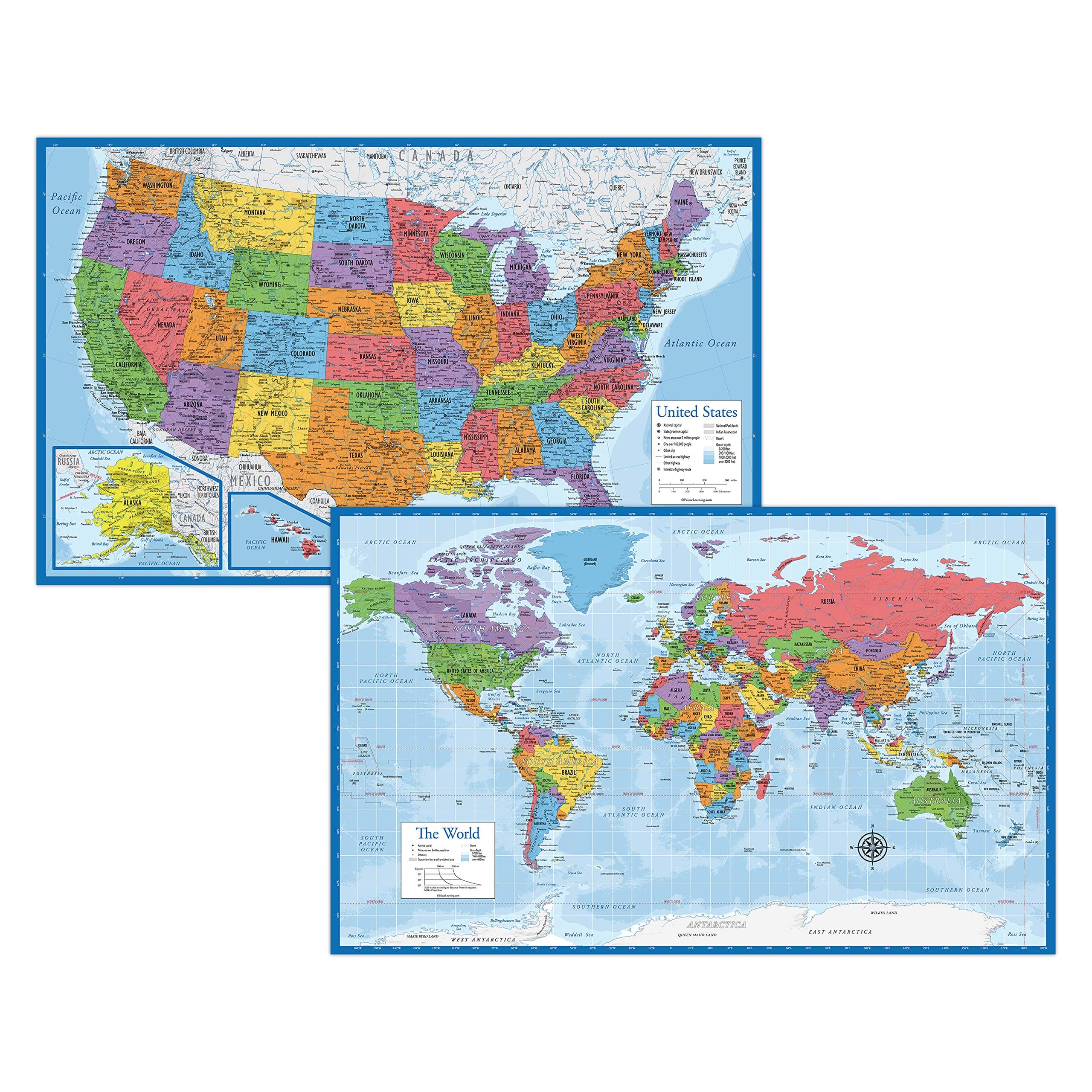 Palace Learning Laminated World Map & US Map Poster Set - 18" x 29" - Wall Chart Maps of the World & United States - Made in the USA - Updated for 2021 (LAMINATED, 18" x 29")