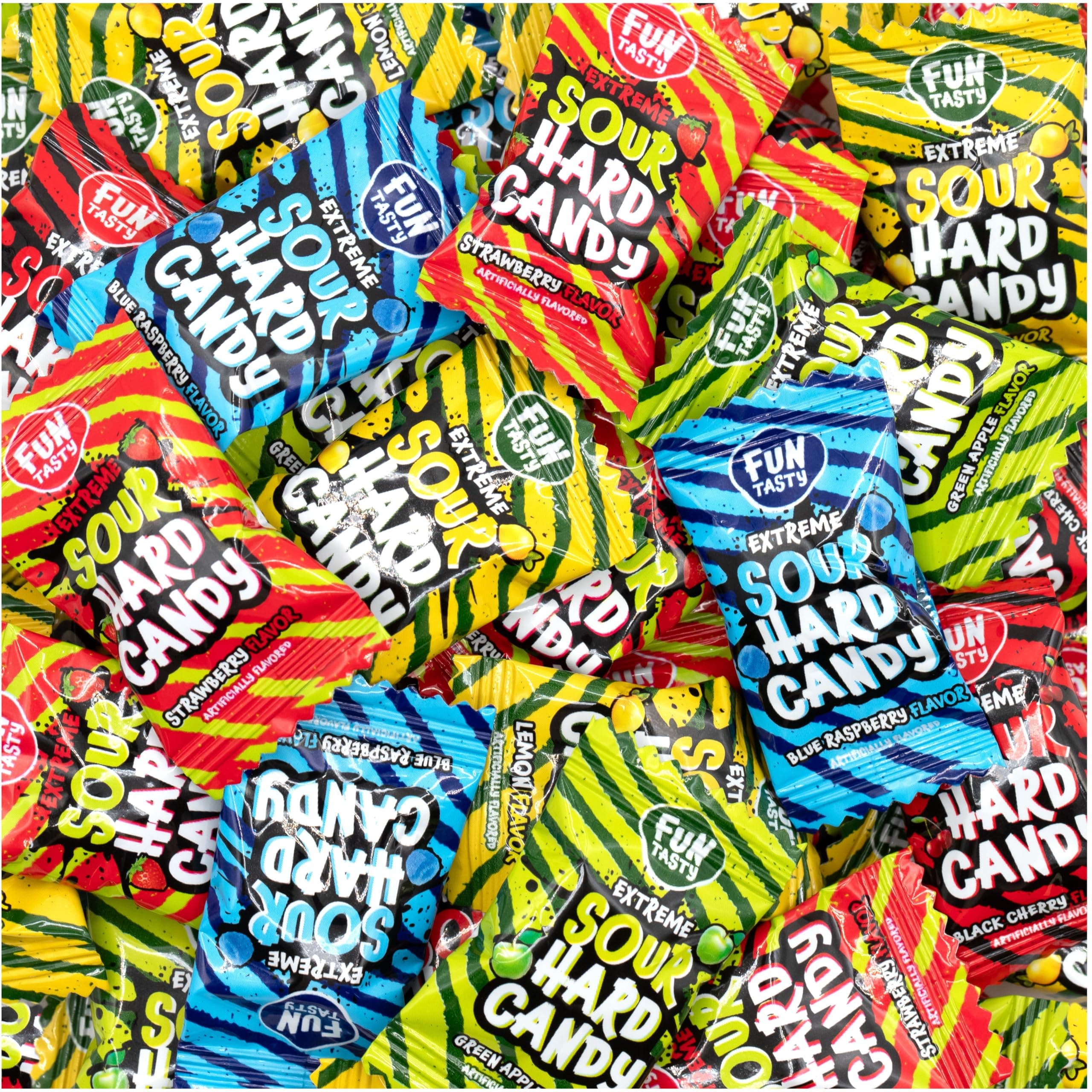 Sour Candy - 2 Pound Bulk Pack - Hard Candy Individdually Wrapped - Assorted Fruit Flavors Candies - Strawberry, Blue Raspberry, Cherry, Lemon, and Apple -Sour Hard Candies by Funtasty