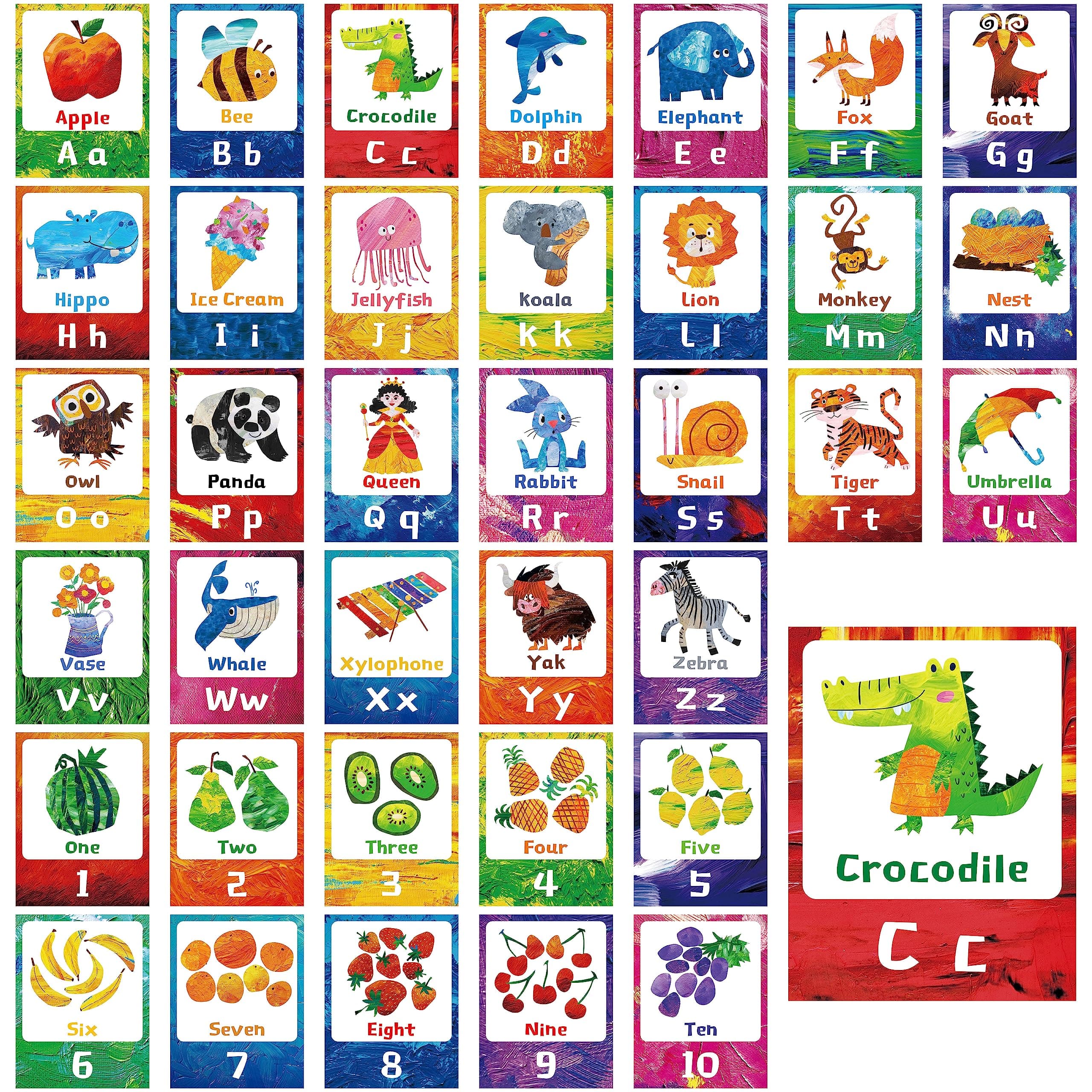 SpriteGru 36 PCS Alphabet Posters, ABC Wall Decorations 26 Upper/Lower Case Letters plus 1-10 Numbers Small Posters for Bulletin Board Decorations, Preschool, Kindergarten Classroom Playroom Bedroom