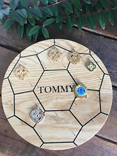 Soccer Ball Medal Display- PERSONALISED Solid Oak Medal Display in the shape of a football.