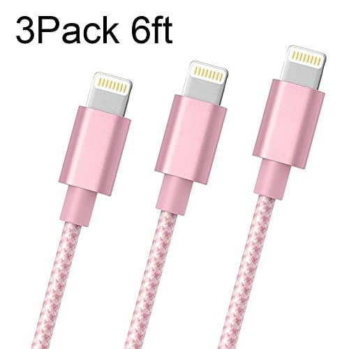 Koharu Lightning Cable,3Pack 6FT Nylon Braided iPhone Cable Cord Certified to USB Charging Charger for iPhone 7/7 Plus/6/6 Plus/6S/6S Plus,SE/5S/5,iPad,iPod Nano 7 (Pink&White)