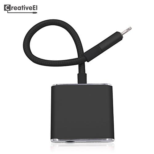 iPhone 7/7 Plus Audio Adapter, Charge Adapter, Earphone Adapter 2 in 1 Lightning 3.5mm Headphone Adapter Cable by CreativeEI (Bright Black)