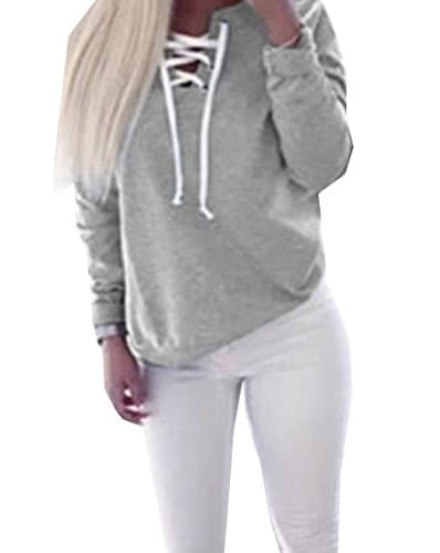 ForeverGod Women's Solid Bandage Pullover Autumn Comfort Stylish Sweatshirts Grey S