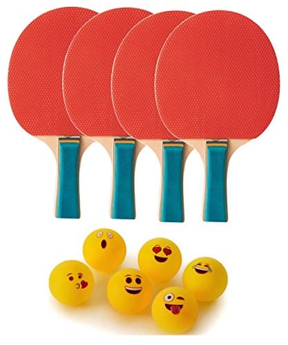 Ping Pong Rackets Set (4 Pack) with 24 Emoji Ping Pong Balls - Complete Table Tennis Racquets and Balls Value Bundle! Quality Ping Pong Bat Accessories Set