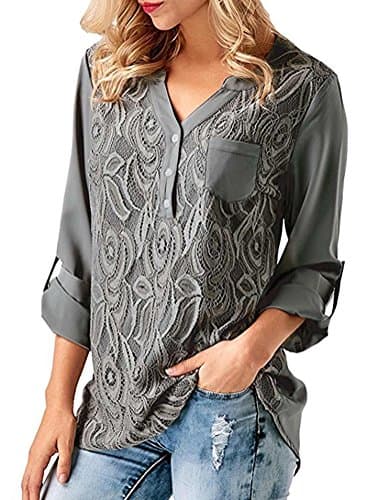 Womens Loose Solid Cuffed Sleeve Lace Panel Casual Pocket Blouses Tops Work For Elegant Amazon Ladies Long Full Roll Sleeve Lace Silk Chiffon Top Shirts Under 20 Size Grey Medium