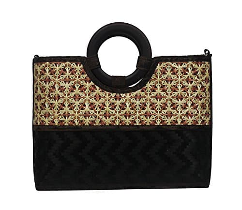 Nature Purse Summer Rectangle Bamboo Top Handle Bag with Upper Rectangle Part has Woven Bamboo Floral Patterns No.01
