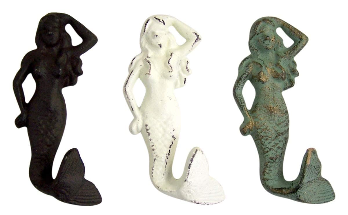 Rustic White, Brown and Teal Cast Iron Mermaid Wall Hooks, Set of 3, 5 3/4 Inch