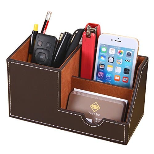 PU Leather Multi-function Desk Pen Pencil Holder Office Stationery Organizer Storage Box Business Cards/Mobile Phone/Remote Control Holder Desktop Accessories Organizer (Brown-small)