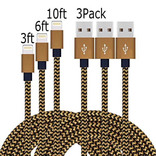 Brtpernt 3pcs(3+6+10)FT Lightning Cable Popular Nylon Braided Charing Cable Extra Long USB Cord for iphone 7/7Plus/6s, SE, 6s plus, 6plus, 6,5s 5c 5,iPad Mini, Air,iPad5,iPod on iOS9.(Coffee+black).