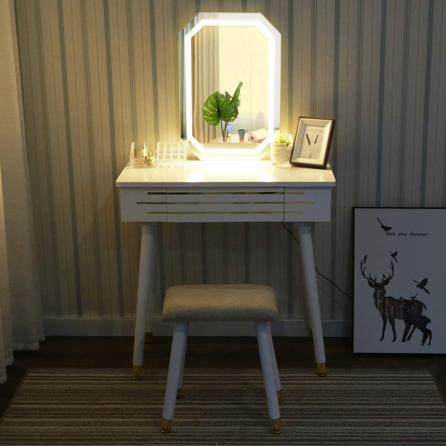 YOURLITEAMZ Vanity Table Set with Mirror and Cushioned Stool, Big Drawers with Dividers Dressing Table Vanity Makeup Table