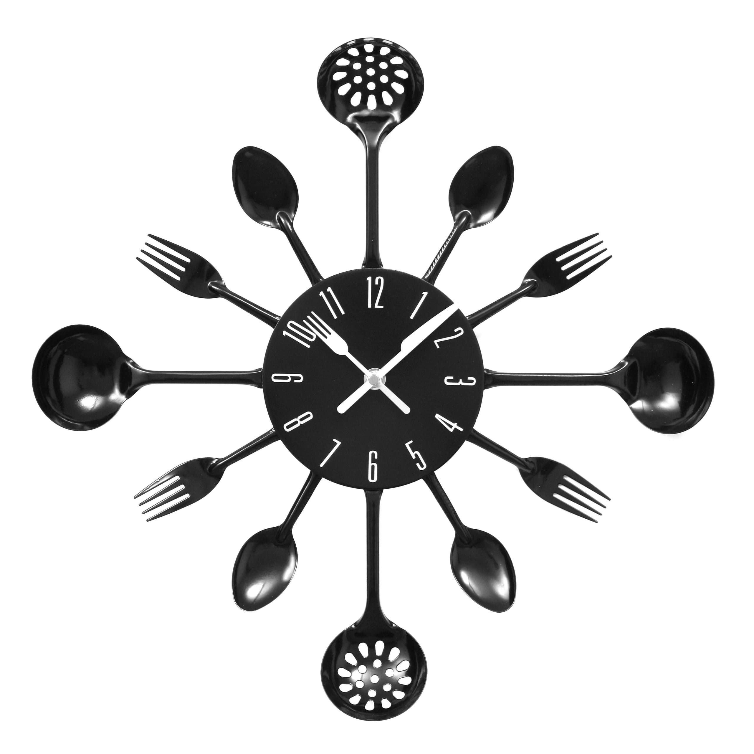 Couverts Cutlery Kitchen Utensil Wall Clock Spoon Fork Ladel Clock (Black)
