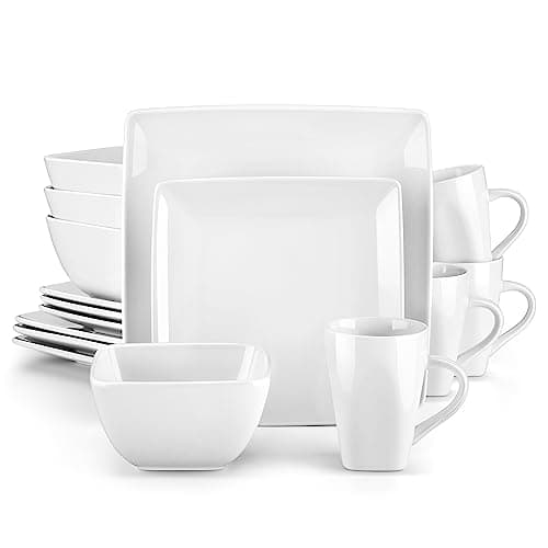 vancasso SOHO Stoneware Square 16 Piece Dinnerware Set, Ivory White - 4 Dinner Plates, Dessert Plates, Bowls and Mugs, Service for 4