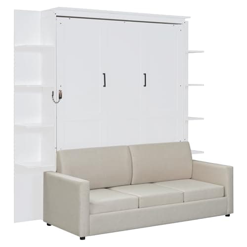 P PURLOVE Queen Size Murphy Bed with Sofa, Wall Bed with Wood Slat Support, Space-Saving Folding, No Box Spring Needed, Easy Assembly, White