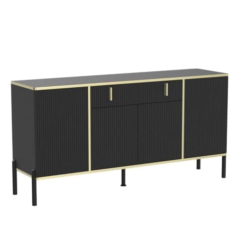 ECACAD Modern Sideboard Buffet Storage Cabinet with Ripple Doors, Drawer & 6 Storage Compartments, Kitchen Cupboard Console Cabinet with Metal Legs for Living Room, Entryway, Black & Gold