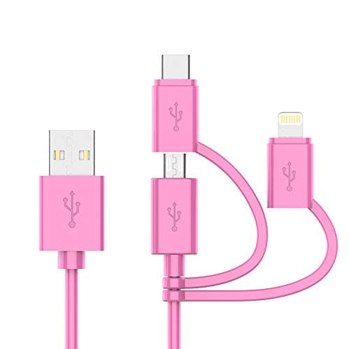 Apple MFI Certified 3-in-1 Cable, Lightning/Type C/Micro USB Cable for iPhone, iPad, Huawei, HTC, LG, Samsung Galaxy, Sony Xperia, Android Smartphones, iPad Pro 2018 and More 3 in 1 Pink(3FT)