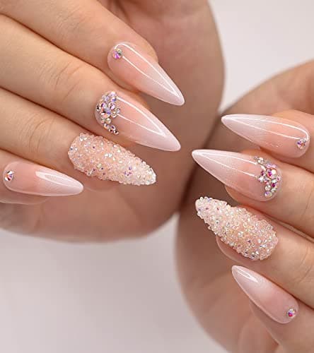 morily 24Pcs Ombre Press on False Nails with Design Glossy Pink Stiletto Fake Nails Kit Medium Length Long Luxury Crystal Acrylic Stick on Nails Tips Artificial Finger Manicure for Women