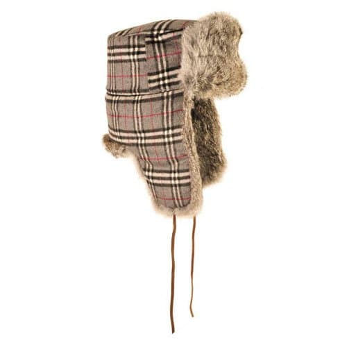 Mad Bomber Grey Plaid Wool Pilot Hat with Real Fur Trapper Hunting Cap, Medium