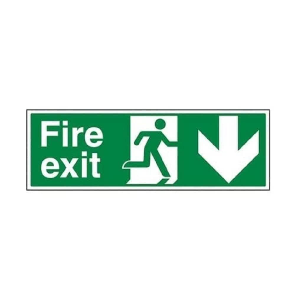 V Safety 14002BP-S Fire Exit Arrow Down Sign, Landscape, Self Adhesive Vinyl, Green, 600 mm x 200 mm