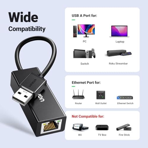 UGREEN Ethernet Adapter USB 2.0 to 10 100 Network RJ45 LAN Wired Adapter Compatible for Nintendo Switch Wii Wii U MacBook Chromebook Windows Mac OS Surface Linux ASIX AX88772 Chipset Black (20254)