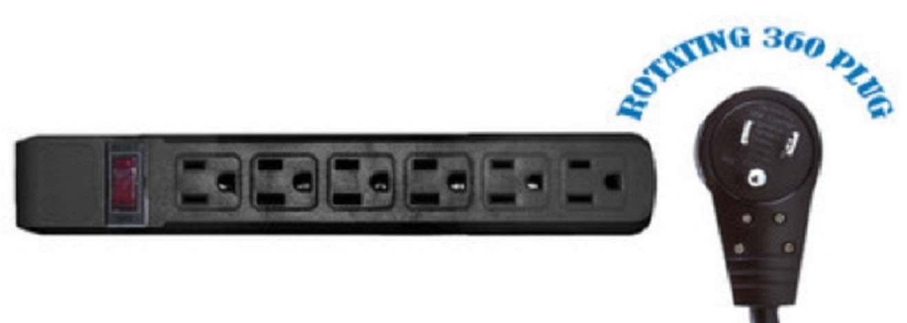 6 feet Surge Protector, Flat Rotating Plug, 6 Outlet, Black Horizontal Outlets, Plastic, 6ft Power Cord, Surge Protector Multi Plug, CableWholesale