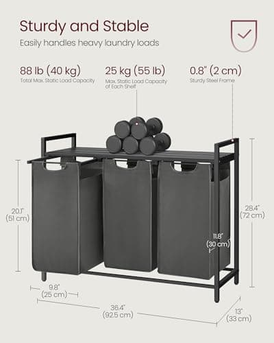 VASAGLE Laundry Hamper, Laundry Basket, Laundry Sorter with 3 Pull-Out and Removable Bags, Shelf, Metal Frame, 3 x 10.6 Gallons (40 L), 36.4 x 13 x 28.4 Inches, Slate Gray and Charcoal Gray UBLH301G01