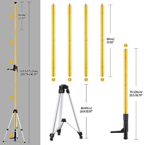 12 Ft./3.7M Professional Telescoping Pole with Tripod and 1/4-Inch by 20-Inch Laser Mount for Rotary and Line Lasers, Adjustable Laser Mounting Pole with 5/8"-11 Threaded Adapter