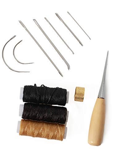 12 pcs Leather Craft Tool,Includes 5 root Leather Hand Sewing Needle,2 Curved Needle,3 Roll Leather Waxed Thread Cord(Black、Beige、Dark brown),1 Drilling awl and 1 Thimble,meet your leather repair need