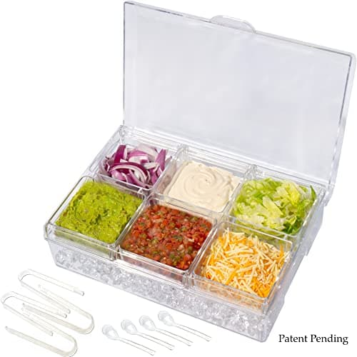 ImpiriLux Ice Chilled Six Compartment Condiment Server Caddy - Serving Tray Container with Removable Dishes with 3.5 Cup Capacity Each and Hinged Lid | 4 Serving Spoons + 4 Tongs Included, Clear