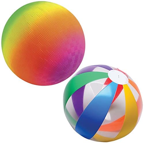 Rainbow Kickball And Clear Rainbow Beach Ball Bundle - One 18 inch Jumbo Kickball And One 16 inch Multi Color Striped Beach Ball - Perfect For Indoors, Outdoors, Beach, Swimming Pool - For All Ages